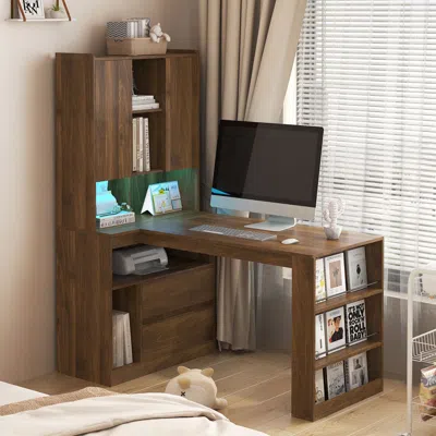 Agaile L Shaped Desk,computer Desk With Drawers,bookshelf,with Led Light,modern Corner Desk,home Office Des In Brown