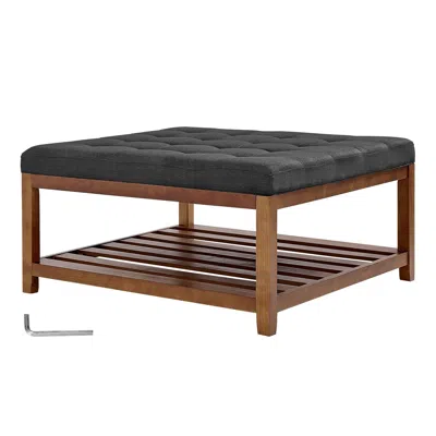 Agaile Large Square Ottoman Coffee Table, 34.5 Inch Tufted Coffee Table With Solid Wood Shelf Storage, Line In Gray