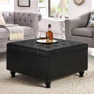 Agaile Large Square Storage Ottoman With Wooden Legs, Upholstered Button Tufted Coffee Table With Nail Trim In Black