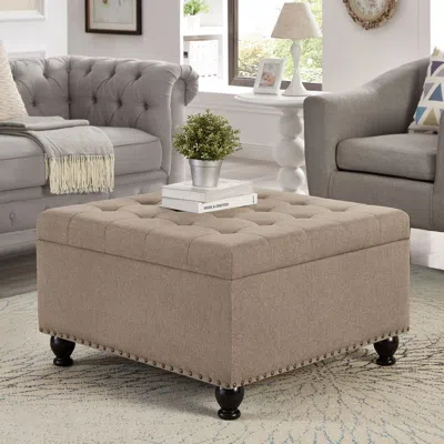 Agaile Large Square Storage Ottoman With Wooden Legs, Upholstered Button Tufted Coffee Table With Nail Trim In Brown