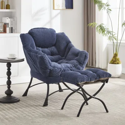 Agaile Lazy Chair With Ottoman, Modern Lounge Accent Chair With Armrests And A Side Pocket, Leisure Upholst In Blue