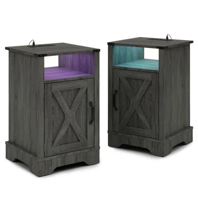 Agaile Led Nightstand Set Of 2 With Charging Station, Bedside Table With Storage Cabinet And Shelf, Rustic  In Black