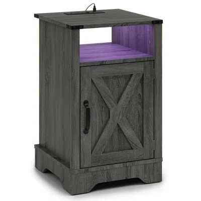 Agaile Led Nightstand With Charging Station, Bedside Table With Storage Cabinet And Shelf, Rustic End Table In Black