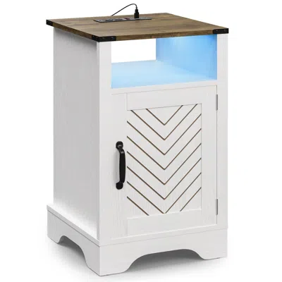Agaile Led Nightstand With Charging Station, Farmhouse Wooden Side Table, Bedside Table With Storage Cabine In White