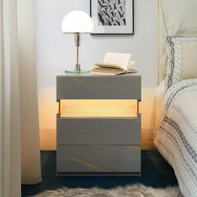 Agaile Led Nightstands 3 Drawer Dresser For Bedroom End Table With Acrylic Board Led Bedside Tables For Bed In Gray