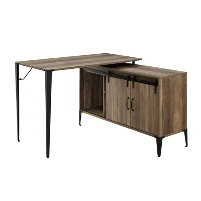 Agaile L-shape Writing Desk With Side Cabinet, Rustic Oak And Black In Brown
