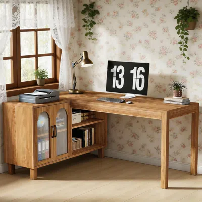 Agaile L-shaped Executive Desk, Computer Desk Home Office Desk With Storage Cabinet In Brown