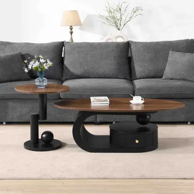 Agaile Luxury Nesting Coffee Table Set Of 2, Tables With Storage For Living Room, Oval And Round Table Set, In Brown