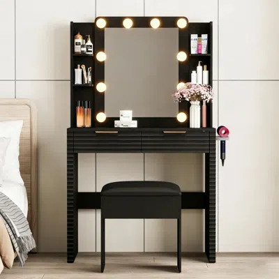 Agaile Makeup Vanity Desk With 10 Hollywood Bulbs, Fluted Dressing Table With Charging Station, 2 Drawers A In Black