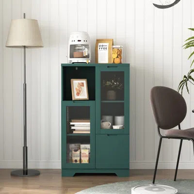 Agaile Mdf Painted Cabinet With Glass Doors And Drawer, Open Storage Space, Navy Blue,bedroom, Living Room In Green