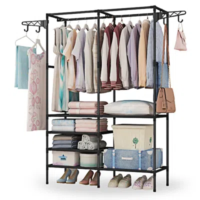 Agaile Metal Garment Rack Shoe Clothing Organizer Shelves Freestanding Multifunctional Clothes Wardrobe In Black