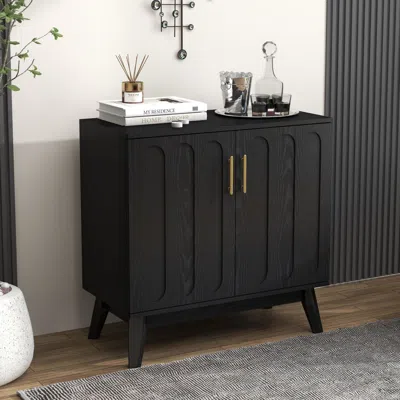 Agaile Mid Century Modern Fluted Sideboard Cabinet With Adjustable Shelves & Solid Wood Legs, Buffet Cabine In Black