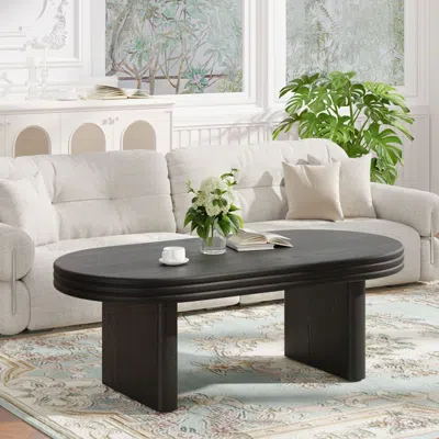 Agaile Mid Century Modern Oval Fluted Coffee Table, Farmhouse Wood Coffee Table, Cocktail Table, Center Tab In Gray