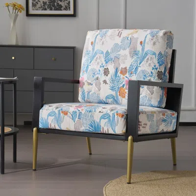 Agaile Mid-century Modern Floral Armchair With Solid Wood Frame, Velvet Fabric Living Room Chairs With Meta In Multi