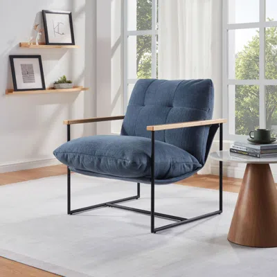 Agaile Modern Accent Chair, Comfy Chair With Removable Cushion, Vanity Chair With Wood Armrests For Living  In Blue