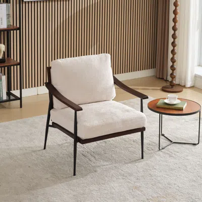 Agaile Modern Accent Chair, Mid Century Modern Accent Chairs, Linen Fabric Arm Chair With Wood Armrests, Up In White