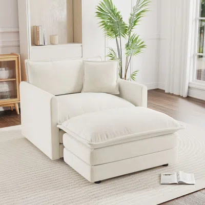 Agaile Modern Accent Chair With Ottoman, Living Room Club Chair Chenille Upholstered Armchair, Reading Chai In White