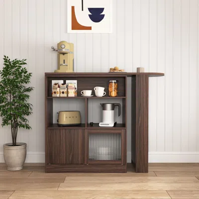 Agaile Modern Bar Cabinet With Rotating Top, Counter Height Dining Cabinet With 6 Storage Space And 2 Ribbe In Brown