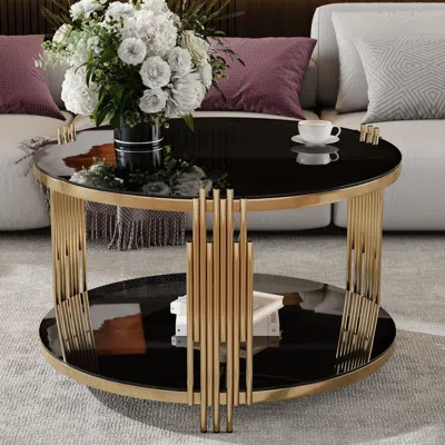 Agaile Modern Black Mirror Coffee Table, Asymmetrical Metal, Circular Metal Drum Base, Gold Finish & Lower 