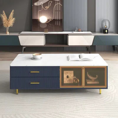 Agaile Modern Coffee Table With 2 Glass Door Storage, 4 Drawers, Gold Metal Legs, And Multi-color Lighting  In Blue