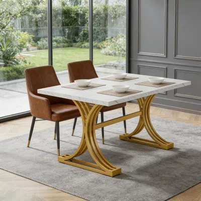 Agaile Modern Executive Computer Desk With Faux Marble Tabletop In Brown