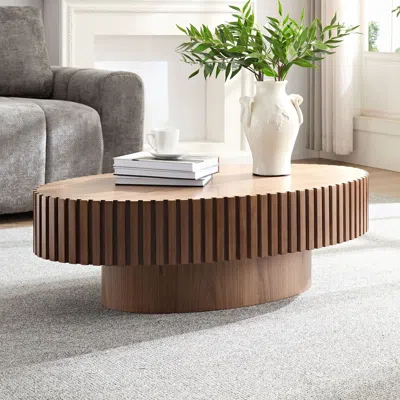 Agaile Modern Handcraft Drum Coffee Table Length 43.7 Inch Ellipse Coffee Table For Living Room,oval Small  In Brown