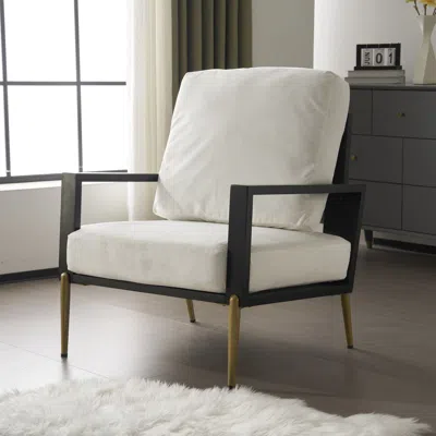 Agaile Modern Low Back White Upholstered Accent Armchair With Gold Metal Legs & Rubberwood Frame, Chic Wide