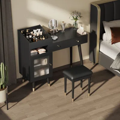 Agaile Modern Makeup Vanity Desk With Drawers, Cabinet & Charging Port, Space-saving Dressing Table Set Wit In Black