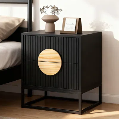 Agaile Modern Mid Century Fluted Nightstand With 2 Drawers And Pine Wood Handles For Bedroom In Black