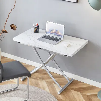 Agaile Modern Minimalist Multifunctional Lift Table With 0.8 Inch Thick Mdf Desktop And Silver Metal Legs,  In White