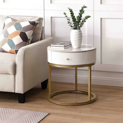 Agaile Modern Nightstand With Drawer, Marble Round End Table With Storage, Side Table For Living Room & Bed In White