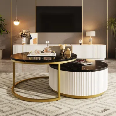 Agaile Modern Round Nesting Coffee Table Fluted With Drawer In 31.5'' In White