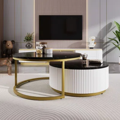 Agaile Modern Round Nesting Coffee Table Fluted With Drawer In Black & Gold In 27.6"