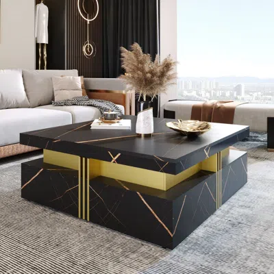 Agaile Modern Square Storage Coffee Table With 4 Drawers In Black