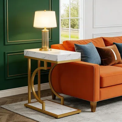 Agaile Narrow C Table, Modern End Table Bedside Table With Metal Frame In Gold