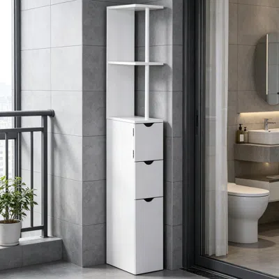 Agaile Narrow Side Floor Organizer Freestanding Linen Tower With 2-tier Shelf And Drawers Bathroom Storage  In White