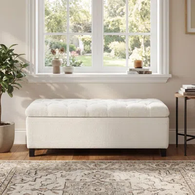 Agaile Ottoman Bench With Storage, White Boucle Surface, Rubber Wood Legs, 300 Lbs Capacity In Neutral