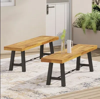 Agaile Outdoor Acacia Wood Dining Bench Sets Of 2 In Brown