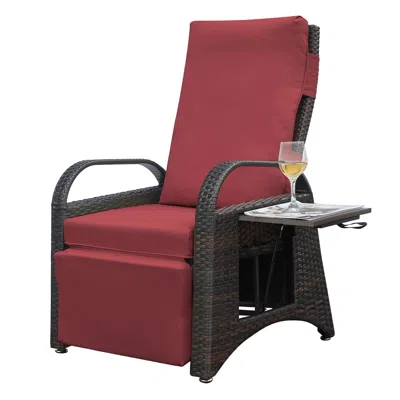 Agaile Outdoor Adjustable Wicker Recliner With Flip Table In Red