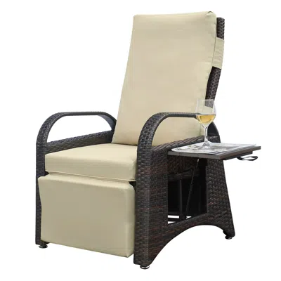 Agaile Outdoor Adjustable Wicker Recliner With Flip Table, Kahki In Multi