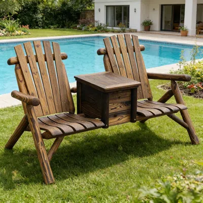 Agaile Outdoor Loveseat With High Backrest Double Wooden Adirondack Chair In Brown