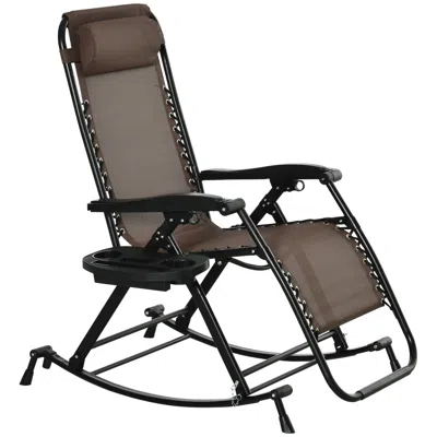 Agaile Outdoor Rocking Chairs, Foldable Reclining Zero Gravity Lounge Rocker W/ Pillow, Cup & Phone Holder, In Brown
