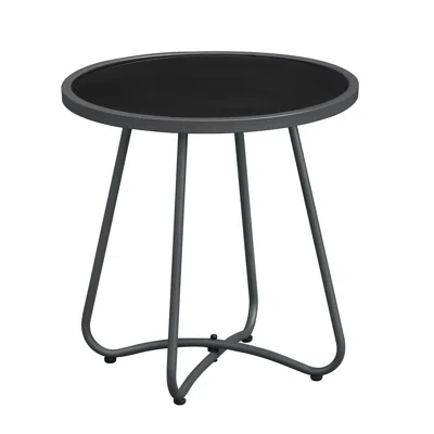 Agaile Outdoor Round Side Table, 17.3" Weather Resistant Patio End Table With Tempered Glass Top & Metal Fr In Black