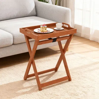 Agaile Outdoor Wood Tray Table Portable Side End Table With Folding Frame In Brown