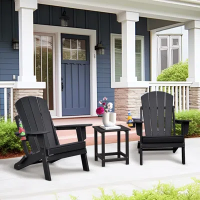 Agaile Patio 3 Pcs Foldable Adirondack Chair Set,2 Adirondack Plastic Chairs With Cup Holder And Table,3pcs In Black
