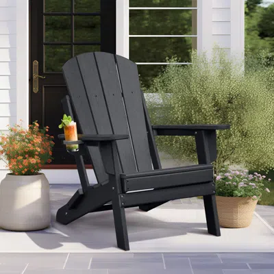 Agaile Patio Folding Adirondack Chair Weather Resistant, Outdoor Hdpe Foldable Lawn Chair In Black