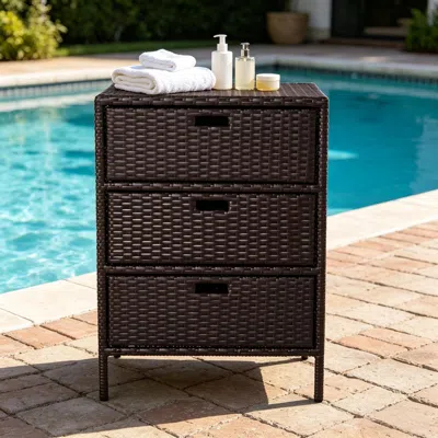 Agaile Patio Pe Rattan Storage Cabinet, Wicker Pool Cabinet Organizer, Outdoor Towel Rackoutdoor Towel Rack In Brown