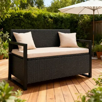 Agaile Patio Storage Bench Outdoor Wicker Loveseat With Built-in Storage In Black