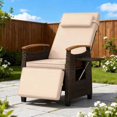 Agaile Patio Wicker Recliner Chair With Adjustable Backrest And Footrest In Brown
