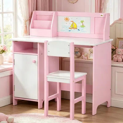 Agaile Pink Toddler Table And Chair Set, Kids Writing Desk Homework Table With Whiteboard, Storage Cabinet